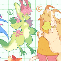 digitally-colored pencil drawings of six different adoptable dragon designs. design A: a succubi dragon with blue wings; design B: a spring dragon with green fur; design C: a comfy peach-colored dragon with a mug of tea; design D: a pink dragon wearing a mailbag; E: an orange plushie dragon with a patchwork pattern; design E: a harlequin dragon with flashy colors. design D purchased by @snooze on cohost.